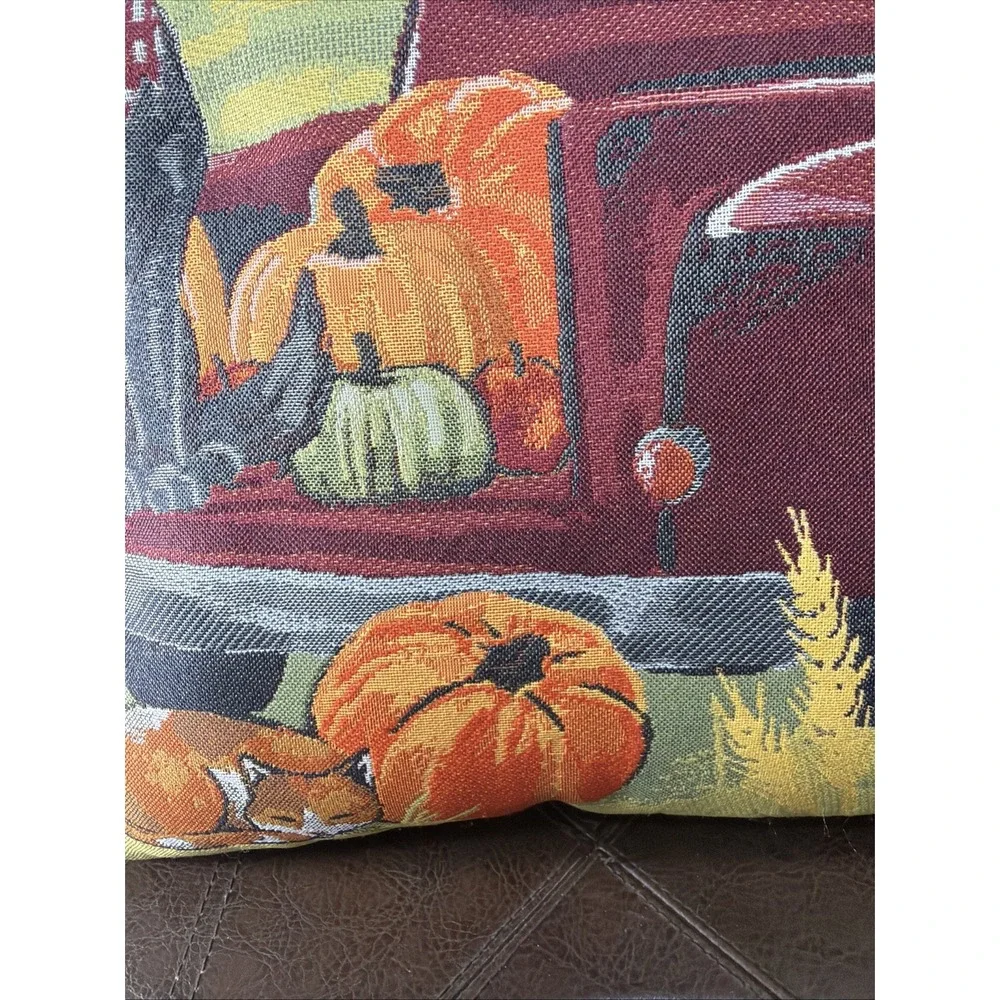 Fall Tapestry Throw Pillow 17x17 Autumn Harvest Red Truck Pumpkins Black Dog Cat